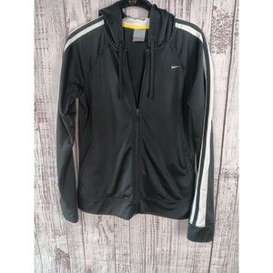Nike Jacket Girls Medium 8-10 Black Full Zip Hooded Pockets Embroidered Logo
